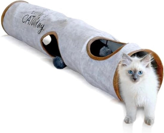 Tunnel per gatti 120 x 24 cm, 3 aperture e palline da giocare, tunnel da gioco per gatti, pieghevole, giocattolo per gatti, tunnel per gatti, grotta, rotolo, tunnel per gatti XXL, colore grigio
