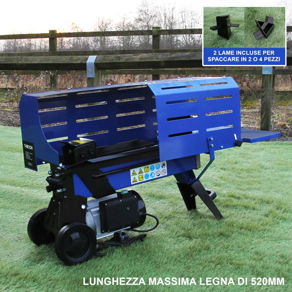 Spaccalegna Elettrico Orizzontale per Legno Massiccio Taglia Legna Idraulico con 2 Cunei per 3 o 4 Pezzi Potente Motore 2200W Diametro Tronchi 5-25cm - Spinta 7T