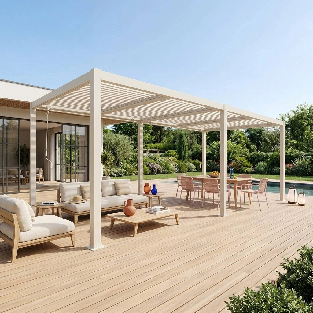 Pergola bioclimatica 3x6m in alluminio e acciaio, lamelle orientabili,