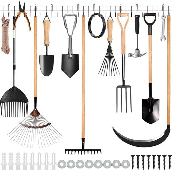 Organizzatore per Giardino - 405 cm Lungo - Qualità Elevata Supporto per Strumenti da Giardino Montato alla Parete - Supporto per Attrezzi da Giardino - Raccoglitore per Scopa, Aratro, Aspirapolvere, Tubo e Corda
