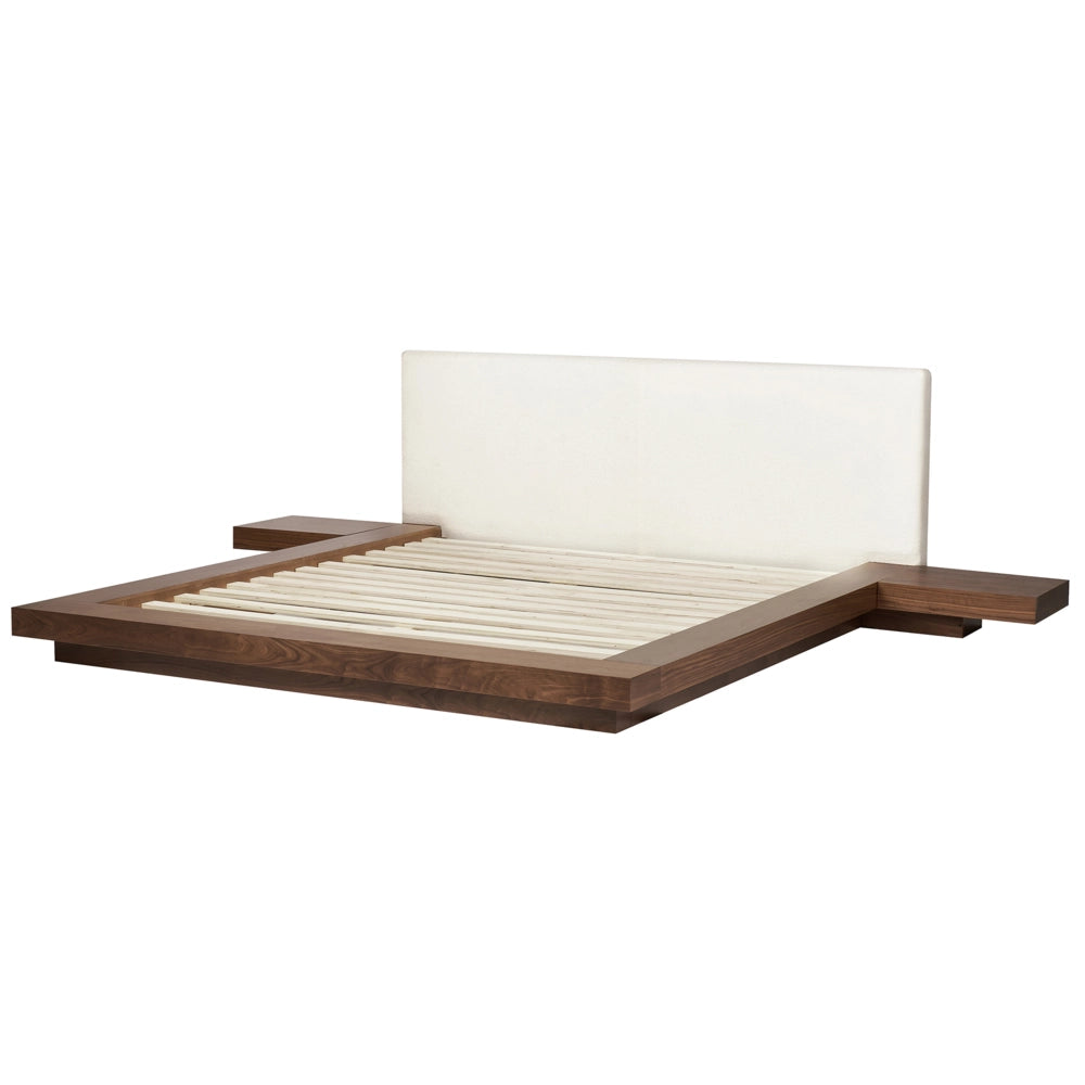 Letto LED in stile giapponese in frassino marrone 180 x 200 cm testata impiallacciata in legno bouclé a basso profilo camera da letto