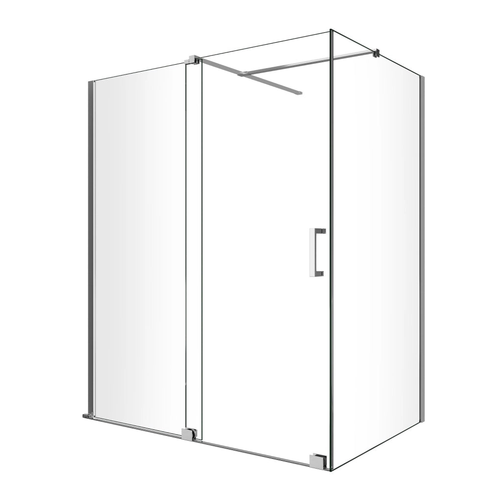 Box Doccia Angolare Con Pannello Fisso Laterale E Porta Frontale Scorrevole Senza Telaio H 200 Cromo Trasparente Cm 80 (78-80) x 150 (146-151)