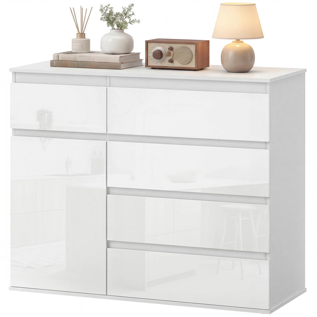 Sideboard con 5 cassetti e scaffale regolabile ¨C Minimal ¨C bianco lucido