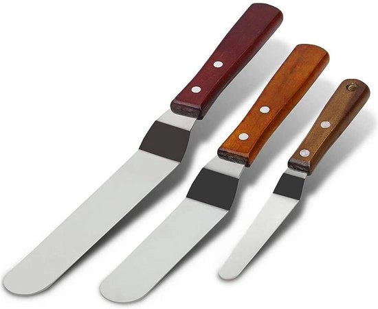 Set di Spatole in Acciaio Inossidabile con Manico di Legno per Decorazione di Torta - 3 Pezzi