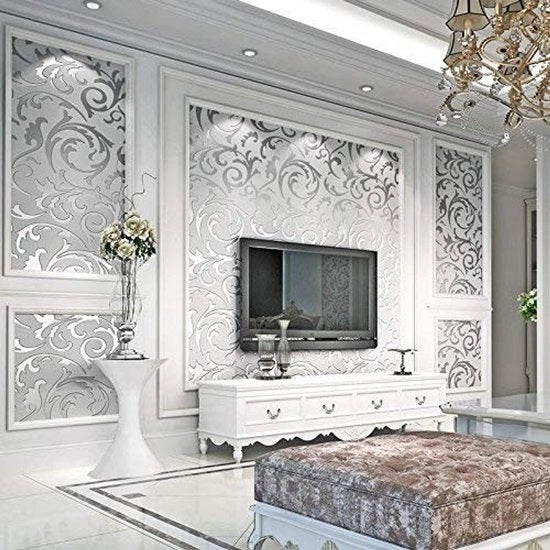Tappezzeria a damasco - 3D carta da paravento - Design moderno - Giallo/Argento - Modello barocco - Adatto per soggiorno e camera da letto - 10m