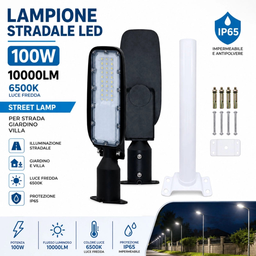 Lampione Stradale Led 100W 10000LM 6500K Street Lamp Per Strada Giardino Villa IP65