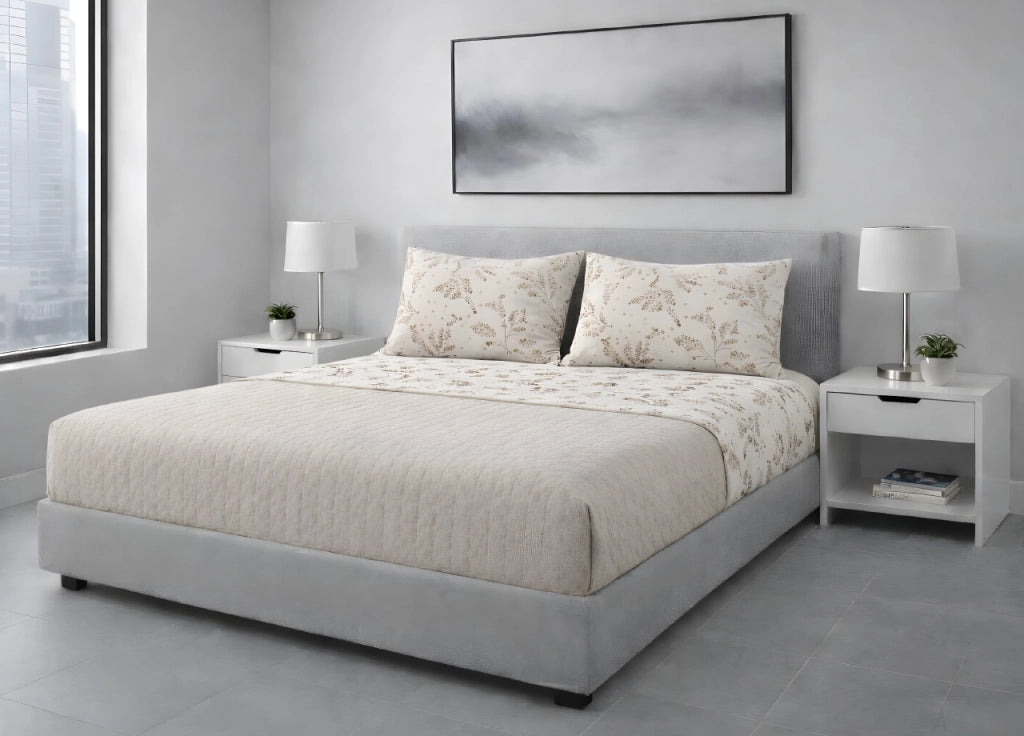 Completo Lenzuola Letto 100% Cotone Made In Italy Disegno Sambuco - Singolo - Nocciola