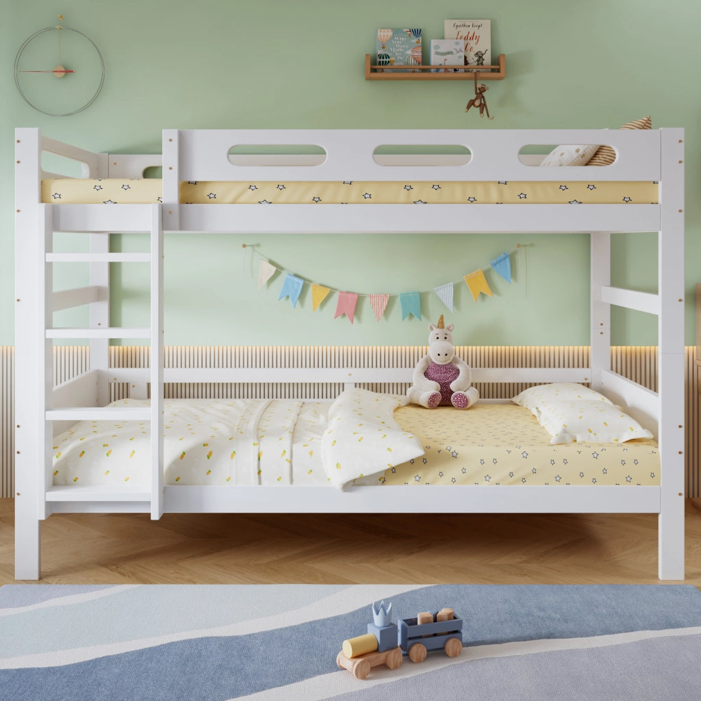 Letto a castello per bambini 90 × 200 cm con scala, barriera di sicurezza, rete a doghe, senza materasso, bianco