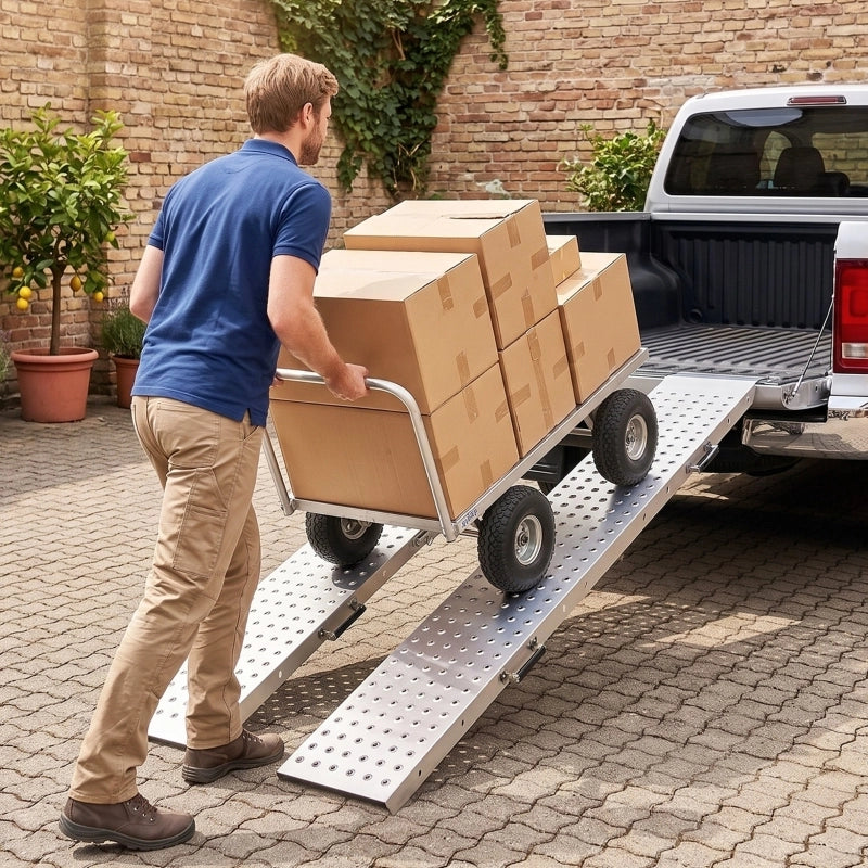 Set di 2 rampe di accesso pieghevoli in metallo con maniglie, portata fino a 400 kg, per pneumatici fino a 22,5 cm.