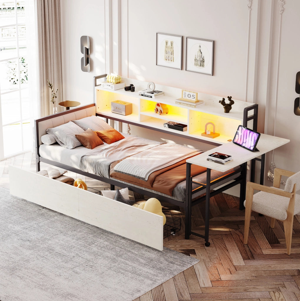 Letto 90x200 cm con scrivania estraibile; LED e cassetti