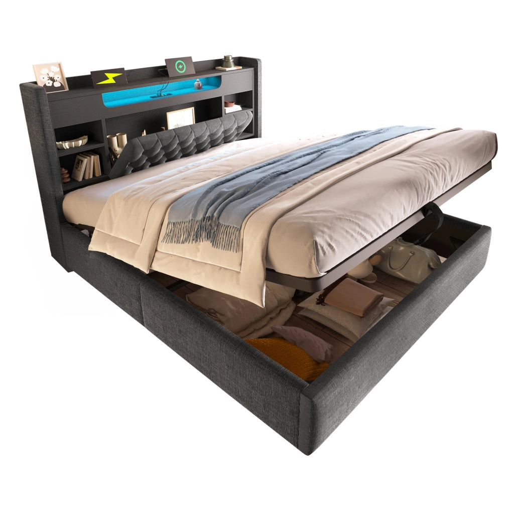 Letto contenitore 140x190 cm con LED, USB e testiera con ripiani