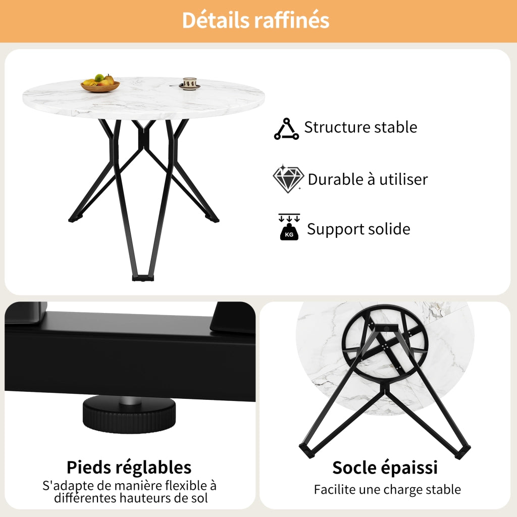Tavolo da Pranzo Rotondo per 4 Persone con Piedini Regolabili; in MDF e Metallo; Nero; 100 x 100 x 76 cm