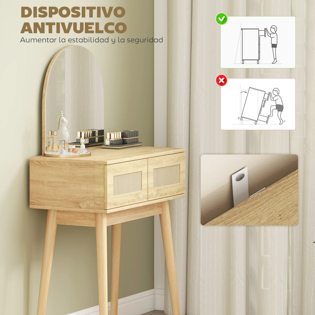 Tocador de Maquillaje con Espejo Arqueado 2 Cajones ¨C Minimal ¨C Natural