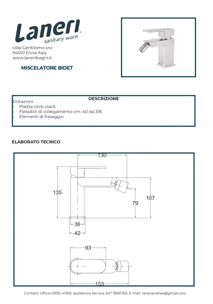 Set Rubinetteria Per Bagno da design squadrata moderna con piletta click clack inclusa -  BIDET MISCELATORE