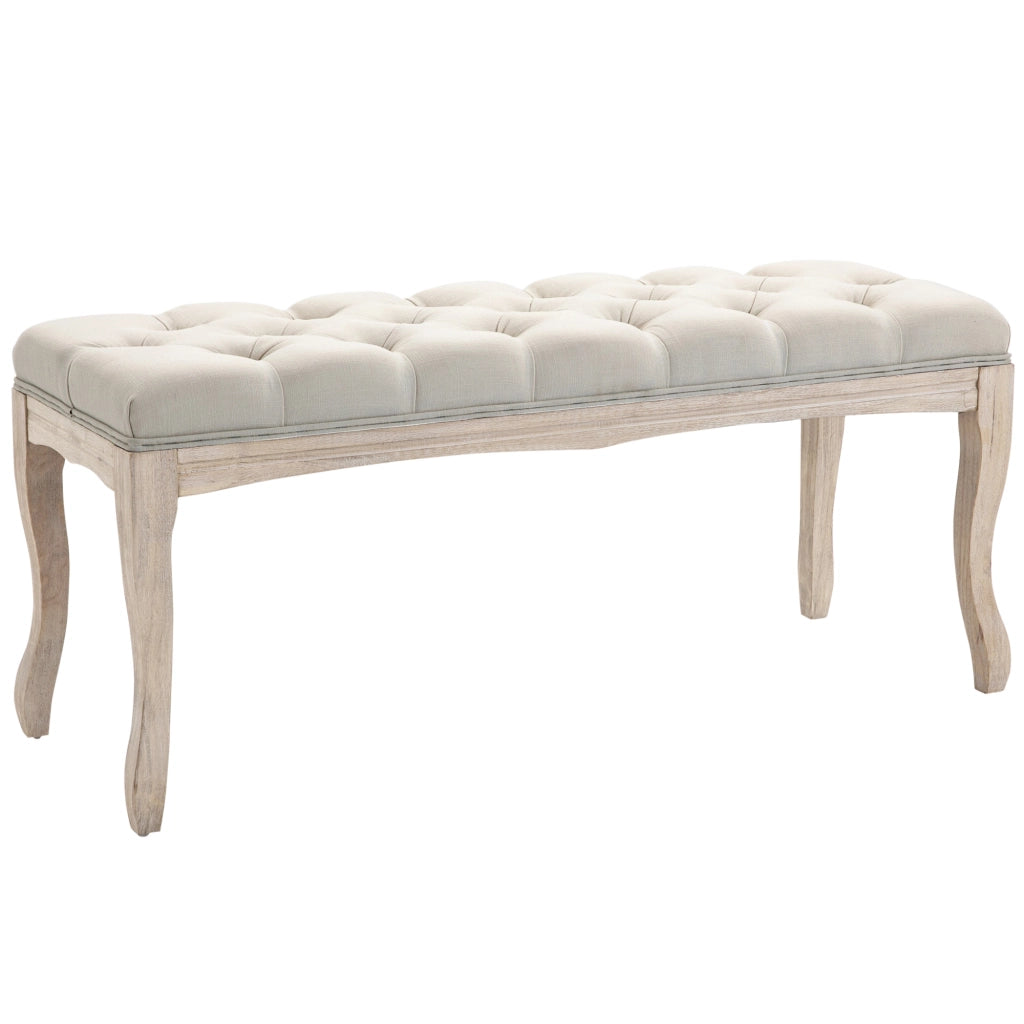 EasyComfort Panca Fondoletto Vintage con Seduta Imbottita in Tessuto e Gambe in Legno, 110x40x48cm, Beige