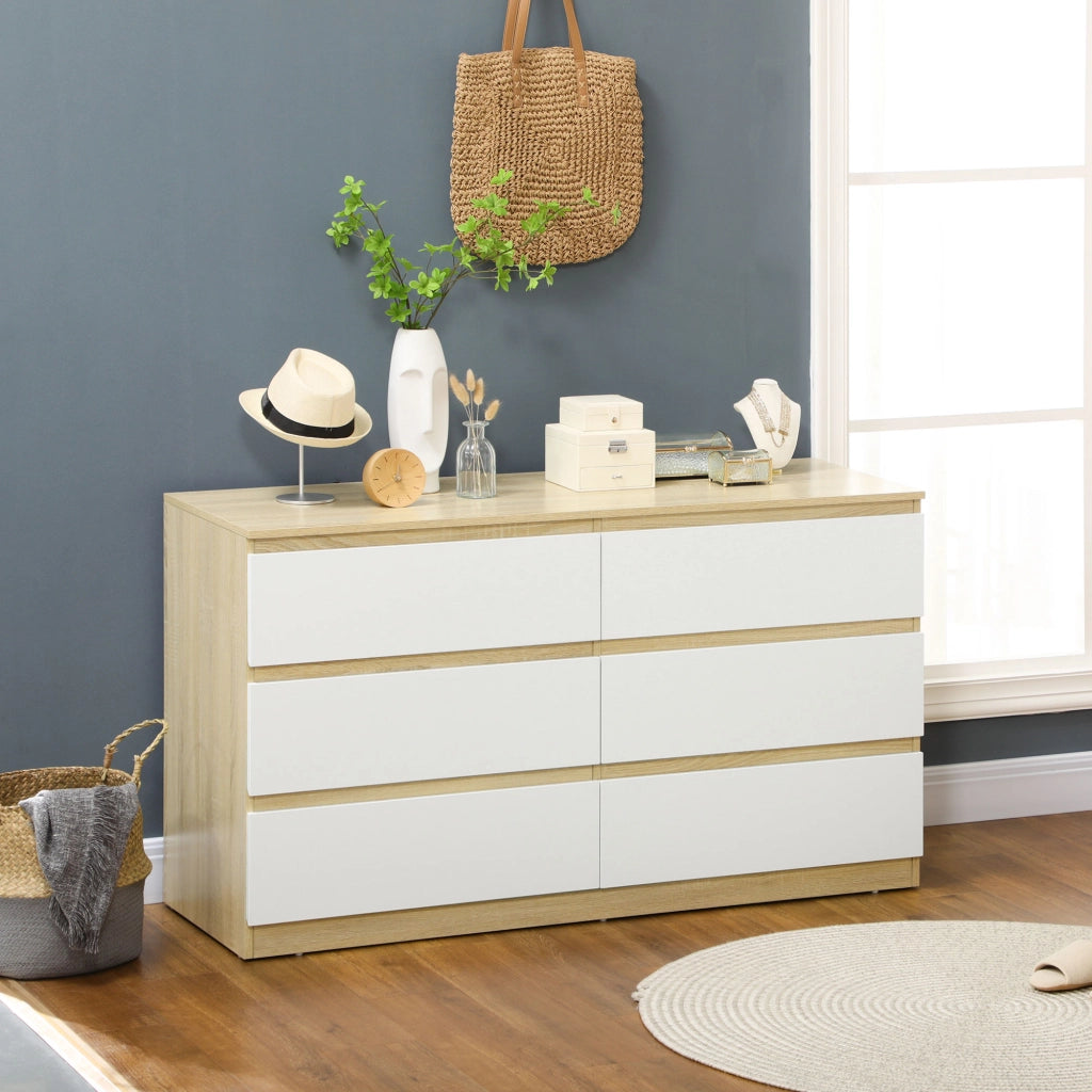Easycomfort Cassettiera 6 Cassetti Moderna in Legno, 135x48x77cm, Bianco e Colore Legno