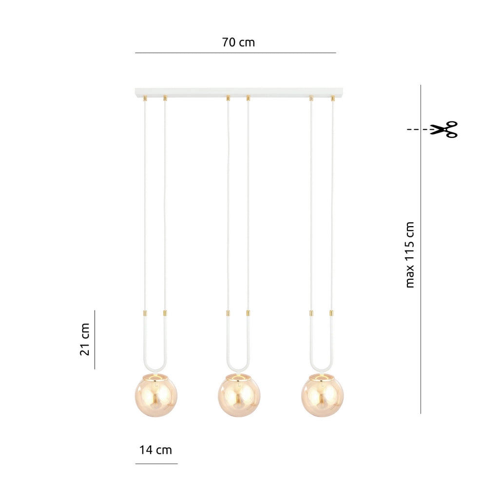 Emibig Glam 3 Lampadario 3xE14 bianco oro miele vetro