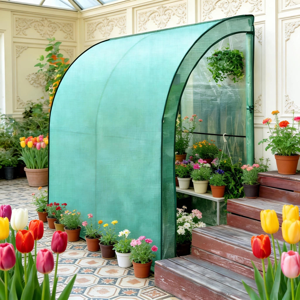 Serra da giardino addossata 200x100x210 cm in PE verde con telaio in metallo e 2 porte avvolgibili
