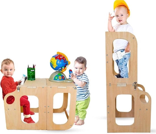Torre di osservazione sicura per bambini | Scrivania di apprendimento trasformabile per la cucina | Aiuto per l'autonomia | Legno naturale per l'apprendimento