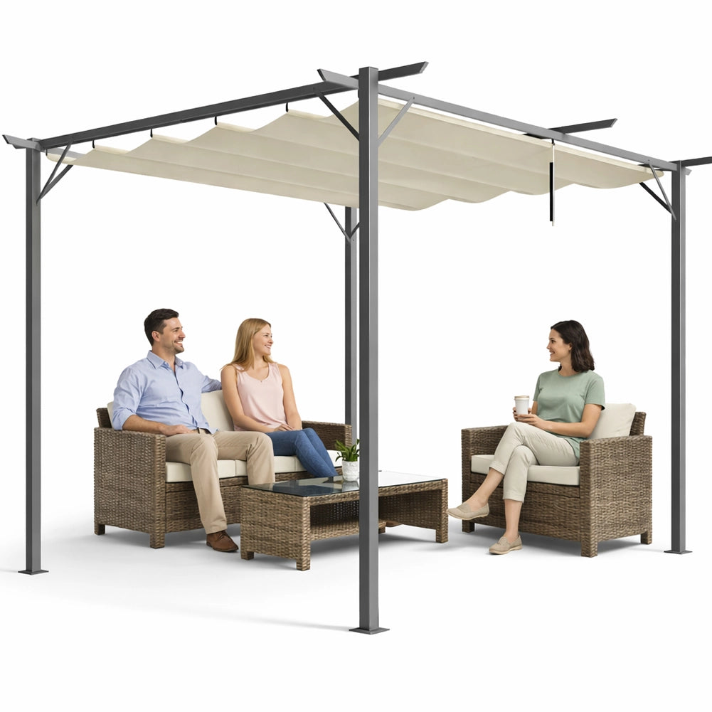 Pergola Gazebo Retrattile da Giardino 3x3 Metri Beige Anti UV e Impermeabile