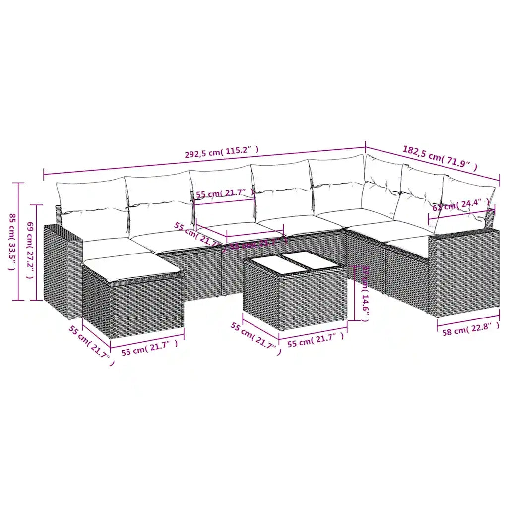 Set Divani da Giardino 9pz con Cuscini Marrone in Polyrattan 3219363
