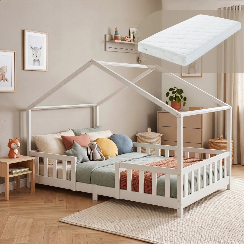 Letto per Cameretta Treviolo a Forma di Casetta in Stile Montessori con Materasso 120x200 cm - Bianco [en.casa]