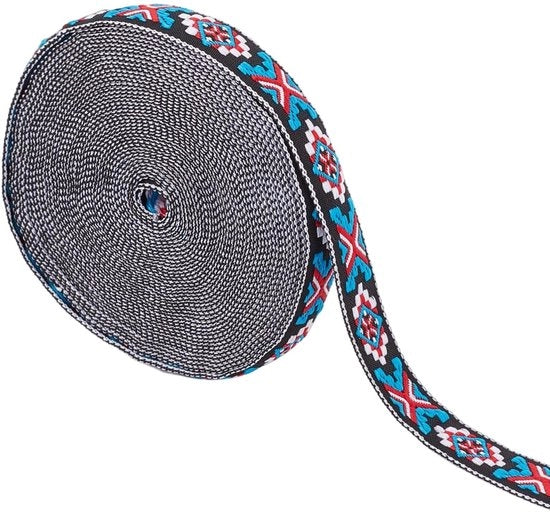Banda Jacquard con Disegno a Maglia Etnico - 3/4 Pollici Larghezza - Colore Rosso Blu Bianco - Disegno Geometrico - Adatto per Abbigliamento e Maniglie - Decorazione DIY...