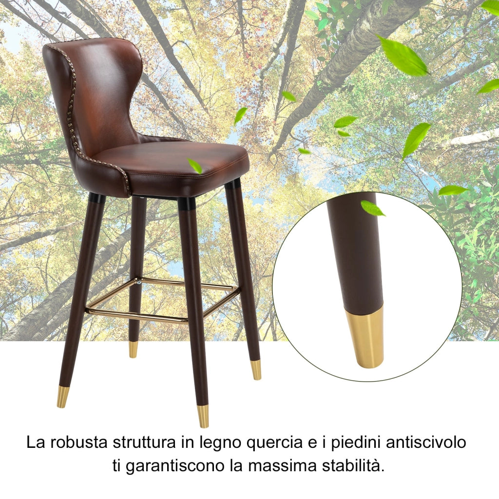 Set 2 Sgabelli da Bar Alti in Similpelle  Marrone e Oro