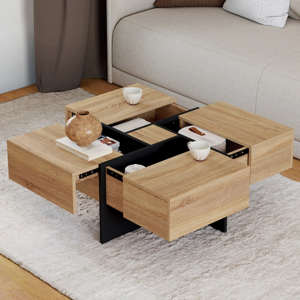 IDMarket - Tavolino quadrato TALIA 70 cm con cassetti in legno e nero