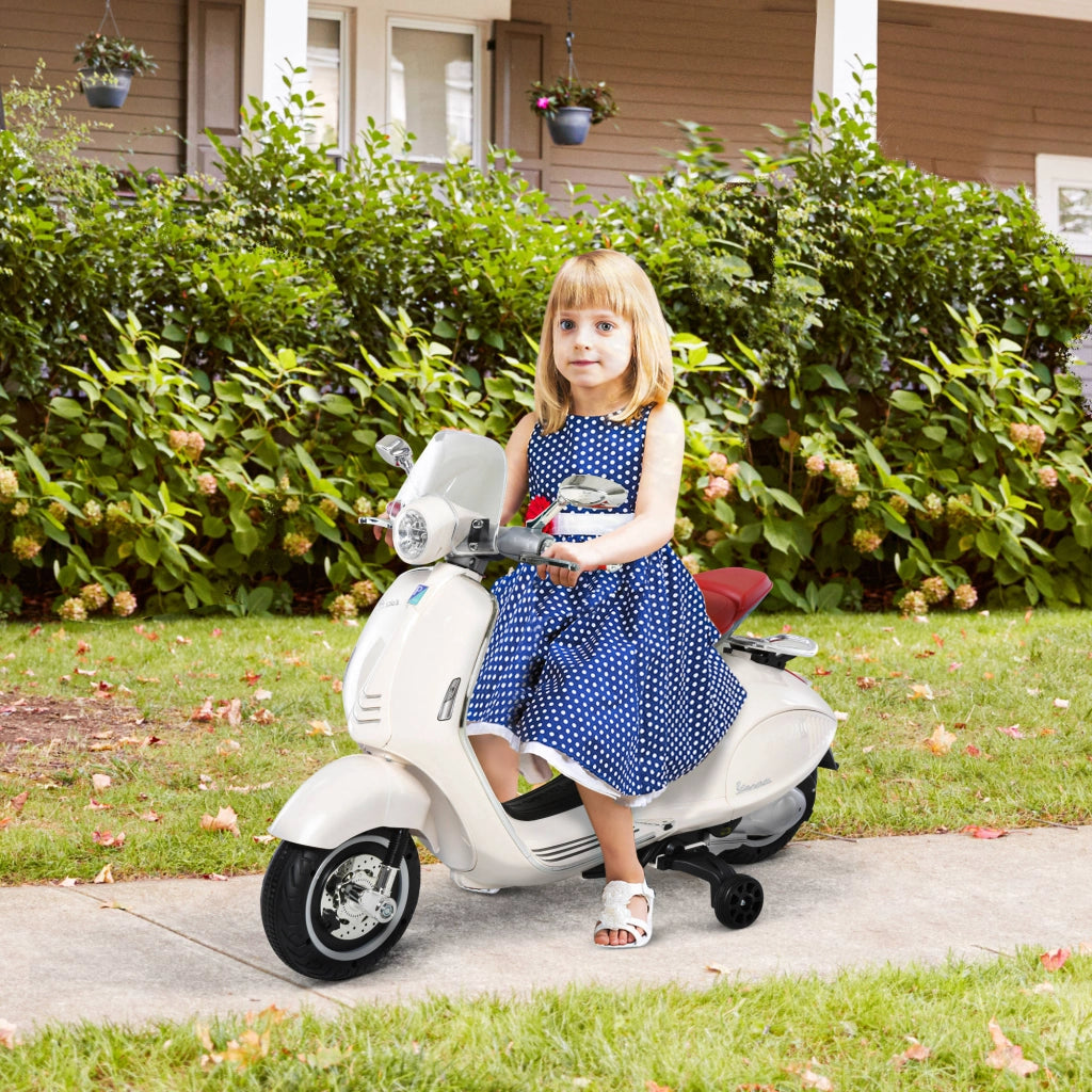 EasyComfort Moto Elettrica per Bambini con Licenza Ufficiale Vespa, 2 Rotelle, Luci e Suoni, 108x49x75 cm, Bianca