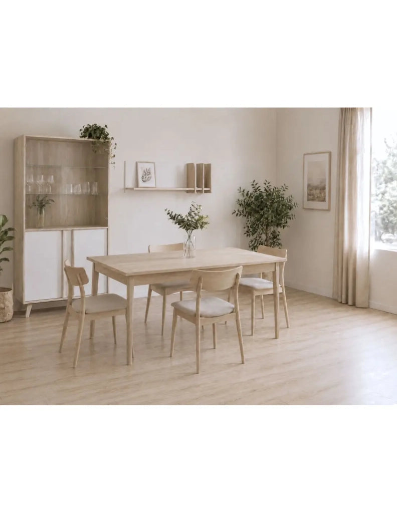 Sala da pranzo completa MALMO con tavolo allungabile, vetrina LED e mensola da parete - Rovere chiaro e bianco