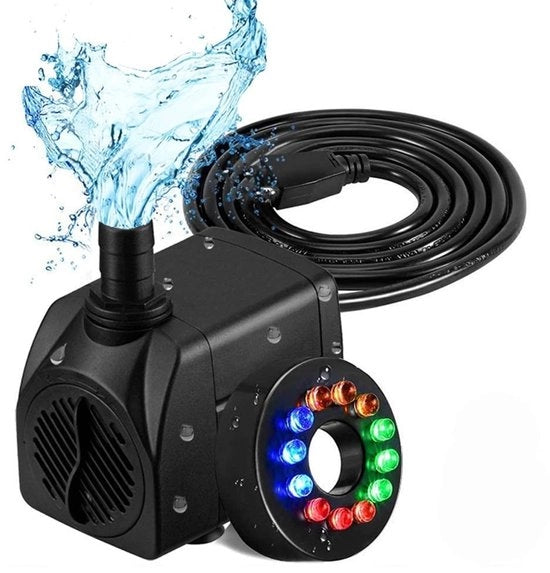 Pompa d'acqua 800 l/h - Doppia pompa - Leggera - Per fontana/giardino/lago - 12 lampade LED - 16 W