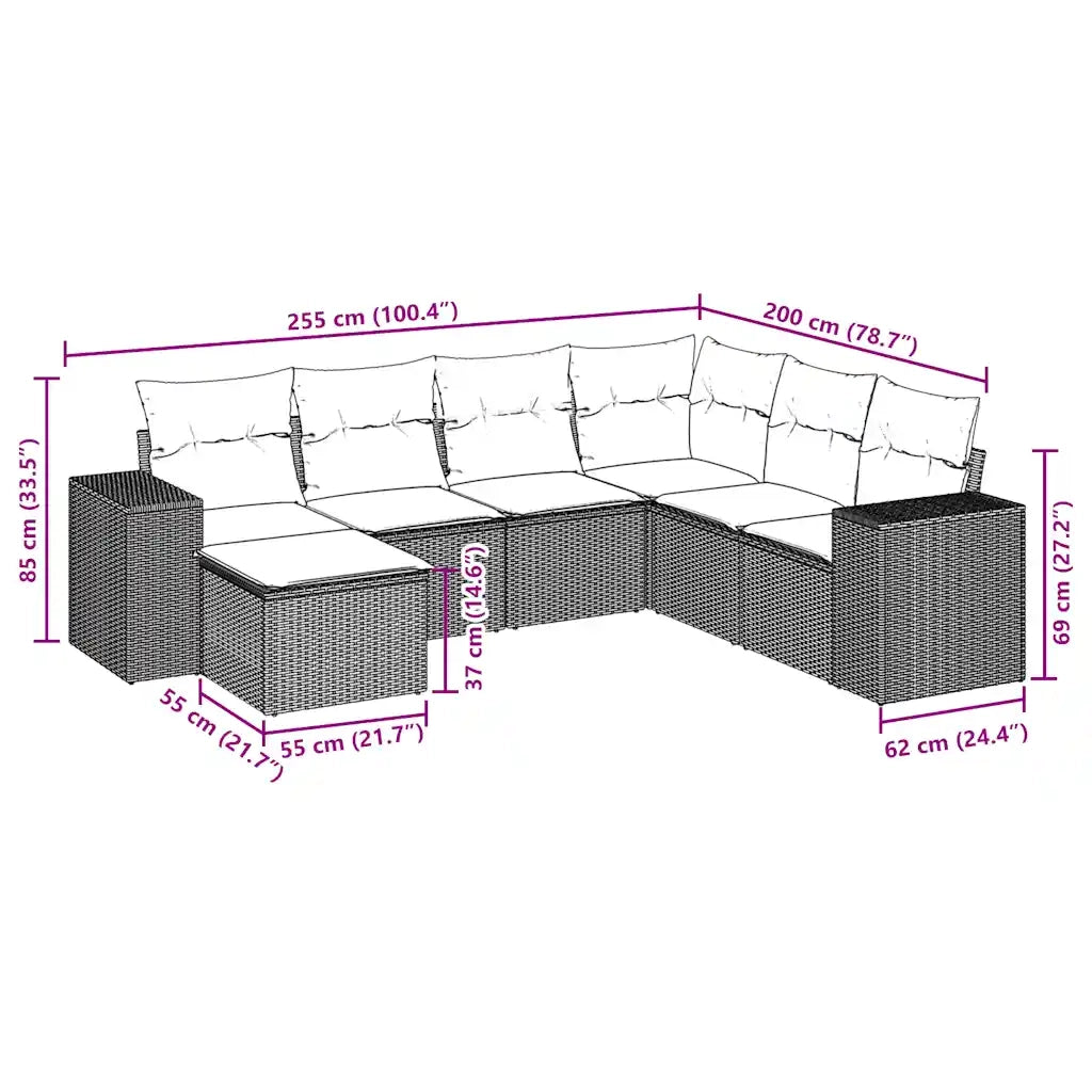 Set Divani da Giardino 7 pz con Cuscini Nero in Polyrattan 3222896