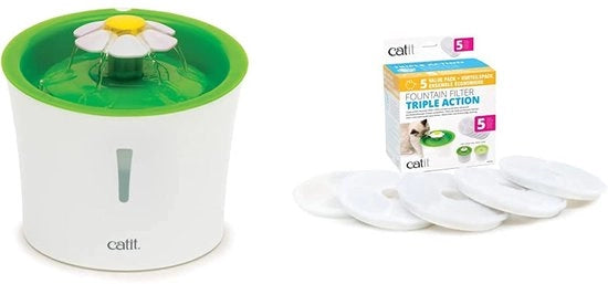 Fontana per Gatti con 3L di acqua - Acqua fresca per sempre per il vostro gatto, grazie alla filtrazione costante & 43746 Kit di Filtri a Tre Azioni da 5 pezzi