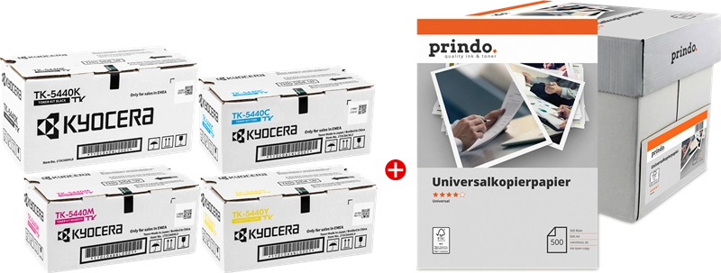 ORIGINAL Kyocera Value Pack nero / ciano / magenta / giallo / Bianco TK-5440 MCVP + Prindo Universal Papier 2500 Blatt ~10000 Seiten