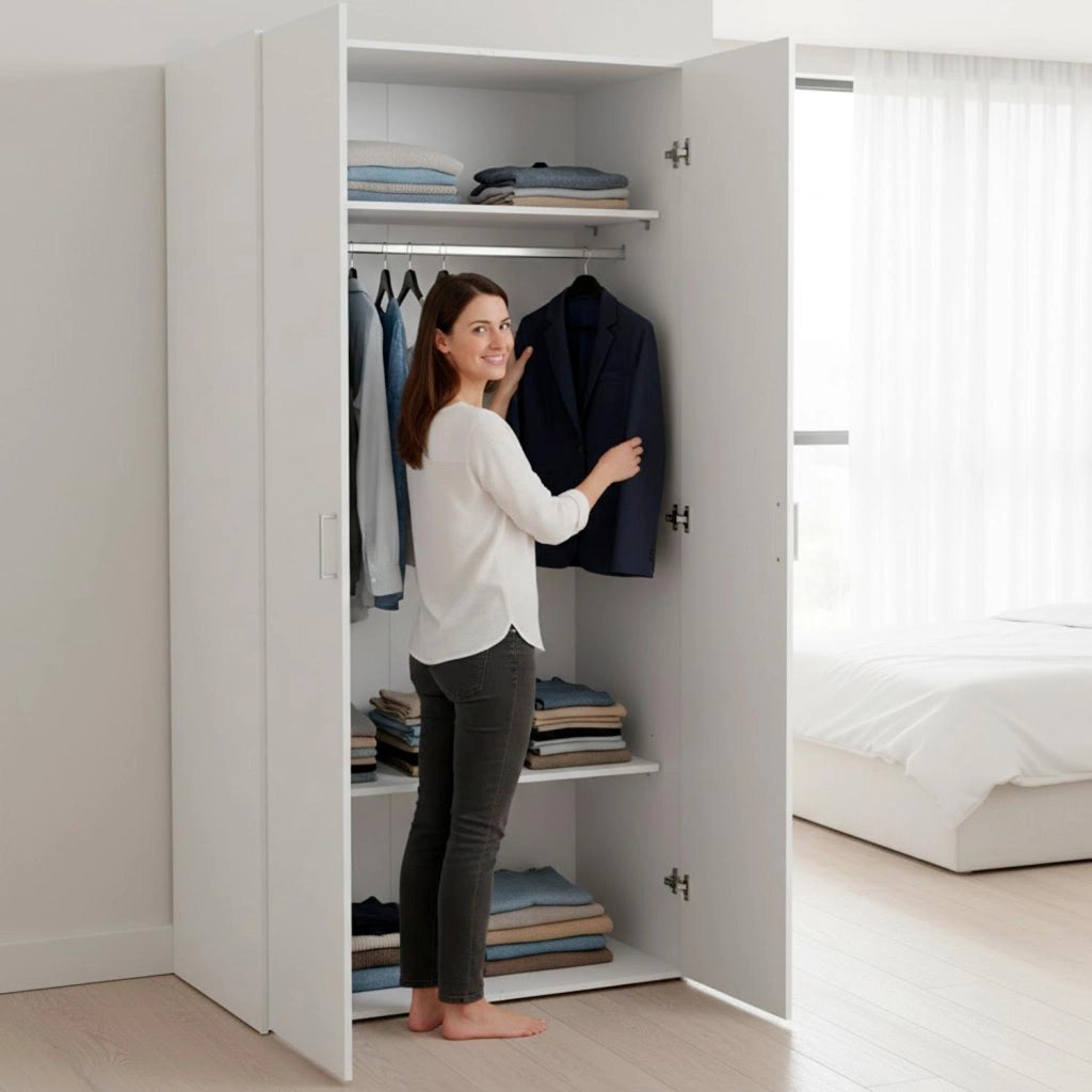 Armadietto Multiuso Con 2 Ante Battenti Mobile Salvaspazio Design Moderno Con Vano Barra Appendiabiti E Ripiani Per Camera Da Letto Ingresso Lavanderia 77.6 X 49.52 X 175.4 Cm Bianco