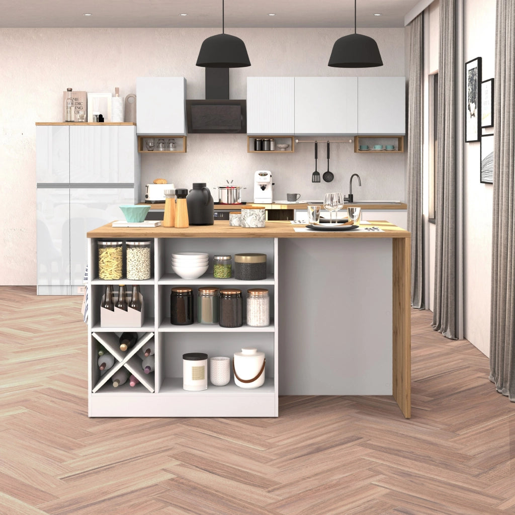 WHOUS Isola da cucina Sole con 1 anta 2 cassetti e 6 vani bianco lucido/rovere 153x90x91 cm
