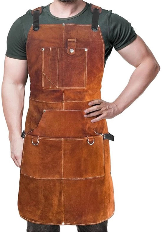 Schort da BBQ - Schort da cucina - Con 6 tasche per strumenti - Unisex - Adattabile - Poliestere - Marrone - Adatto per barbecue, cucina e lavoro di carpenteria - 60,96*91,44 cm
