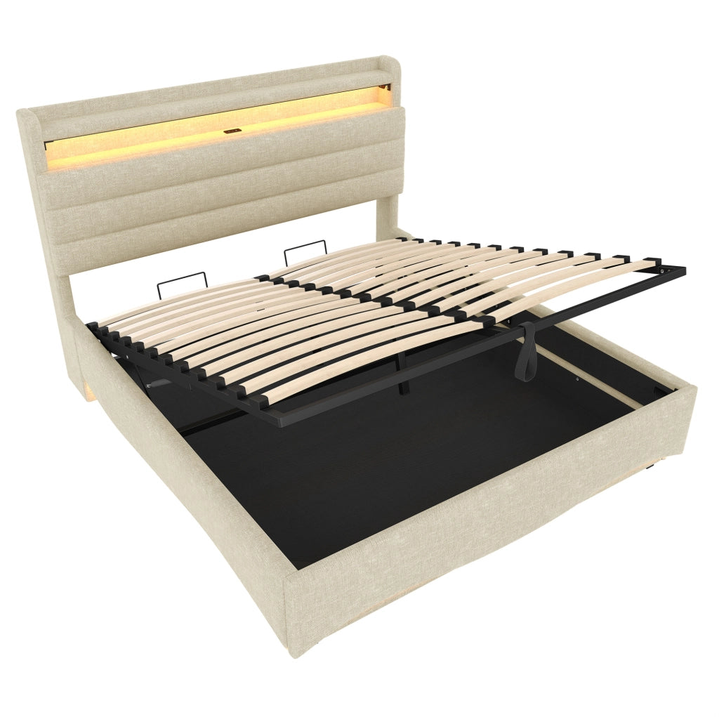 Letto imbottito 140x200 cm con LED e vano contenitore; lino beige (Senza materasso)