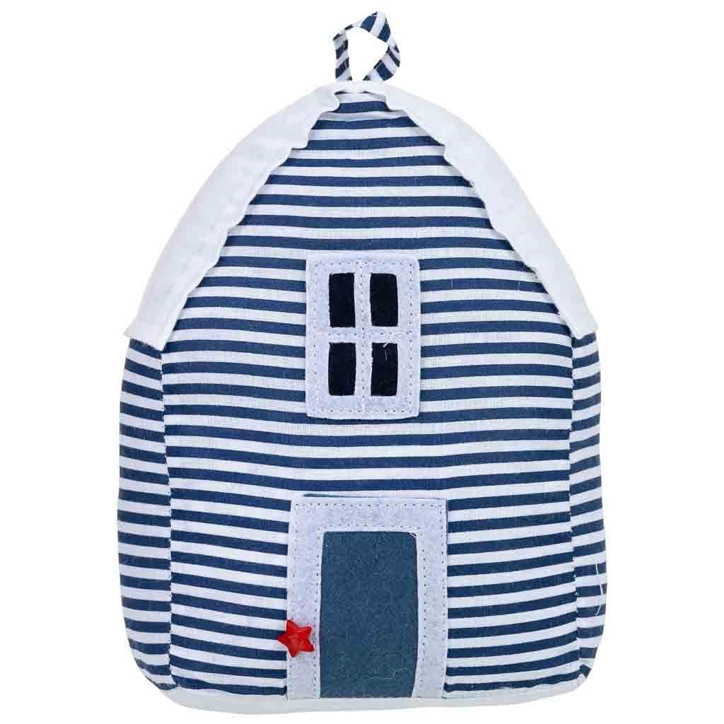 Fermaporta in cotone con casa blu, 16x12x20h cm
