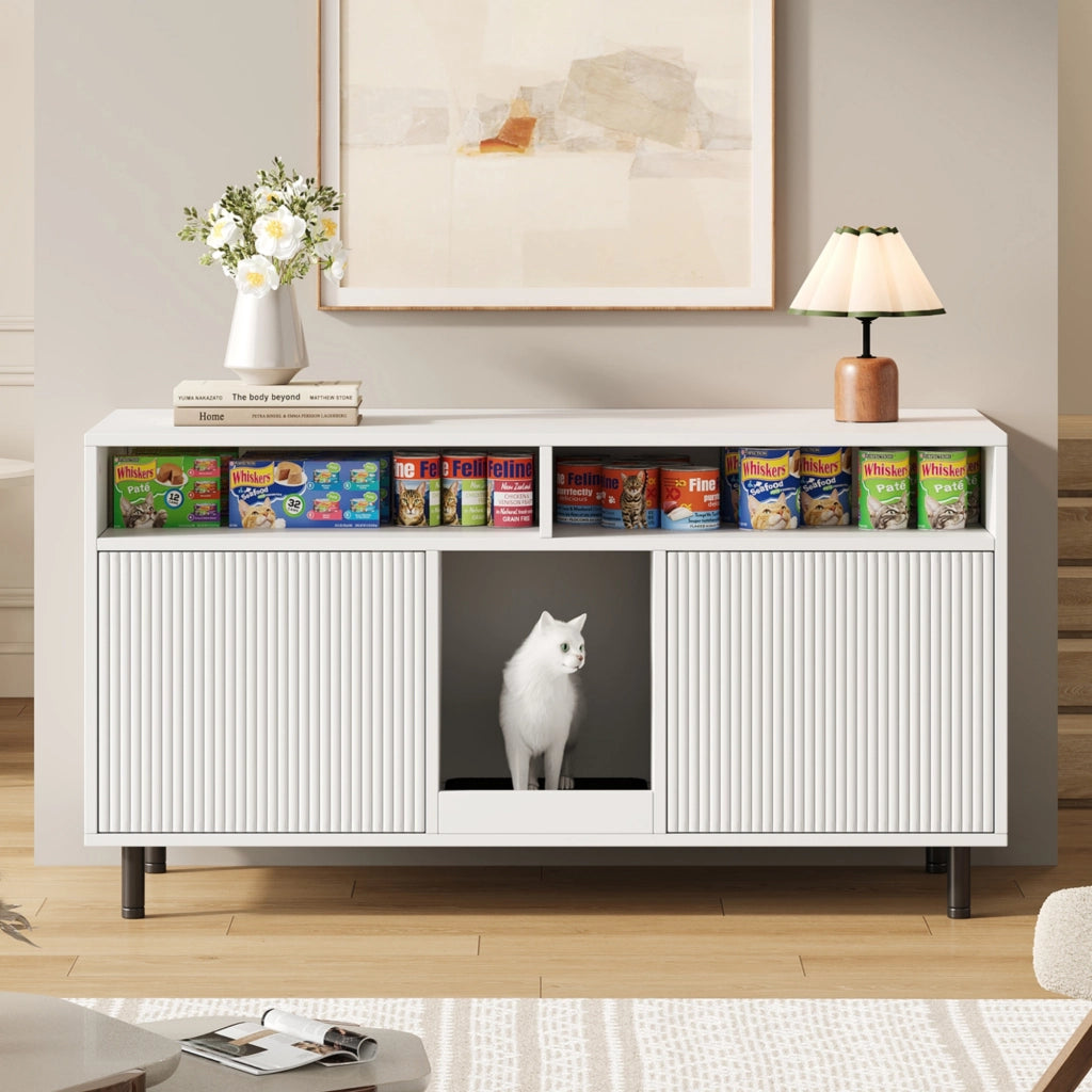 Mobile per lettiera per gatti con anta doppia, ripiani e tappetino raccogli-sabbia, 120x50x66 cm, bianco