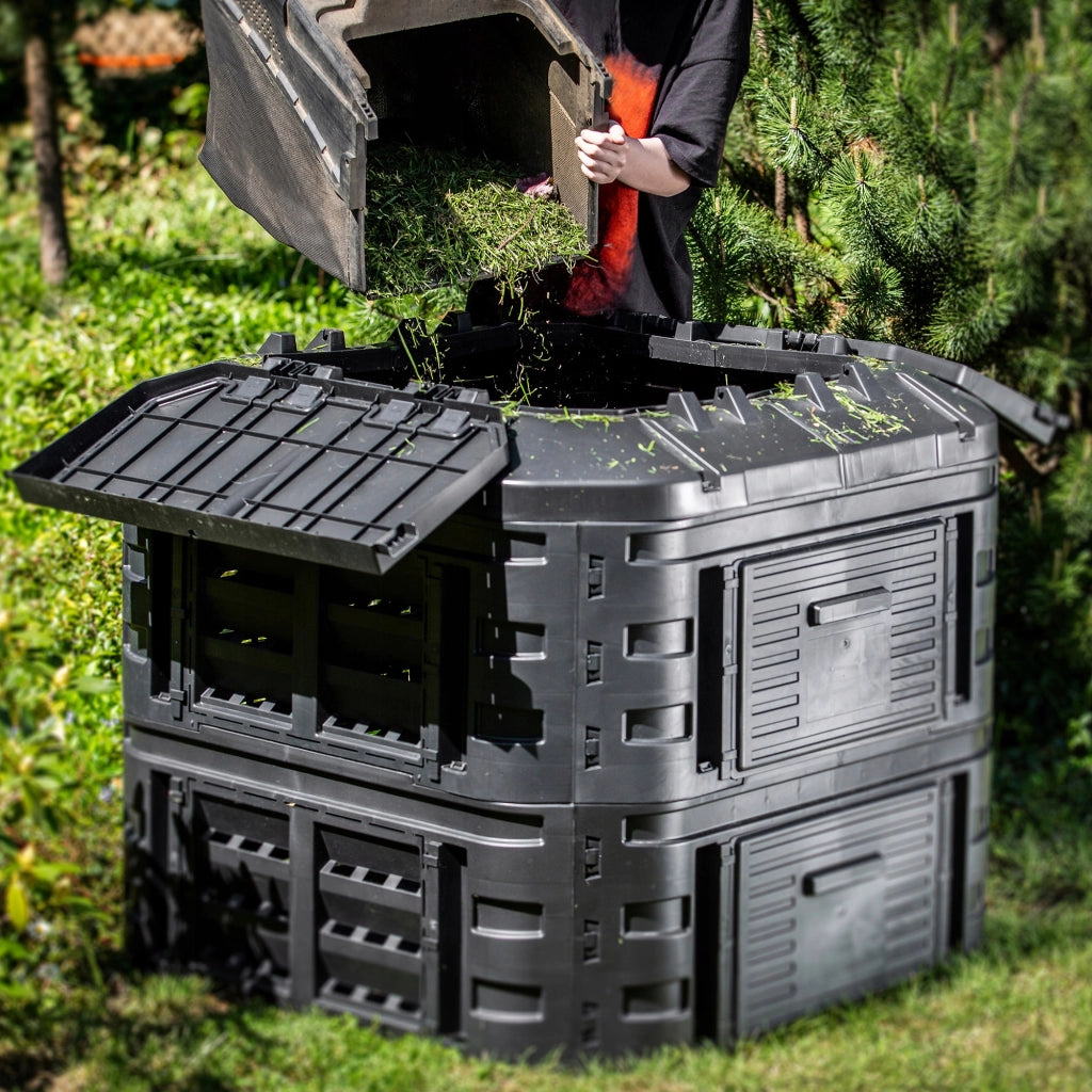 Compostiera modulare KADAX da 600 litri, nera, per giardino, utilizzabile tutto l'anno, resistente al gelo. Fertilizzante.