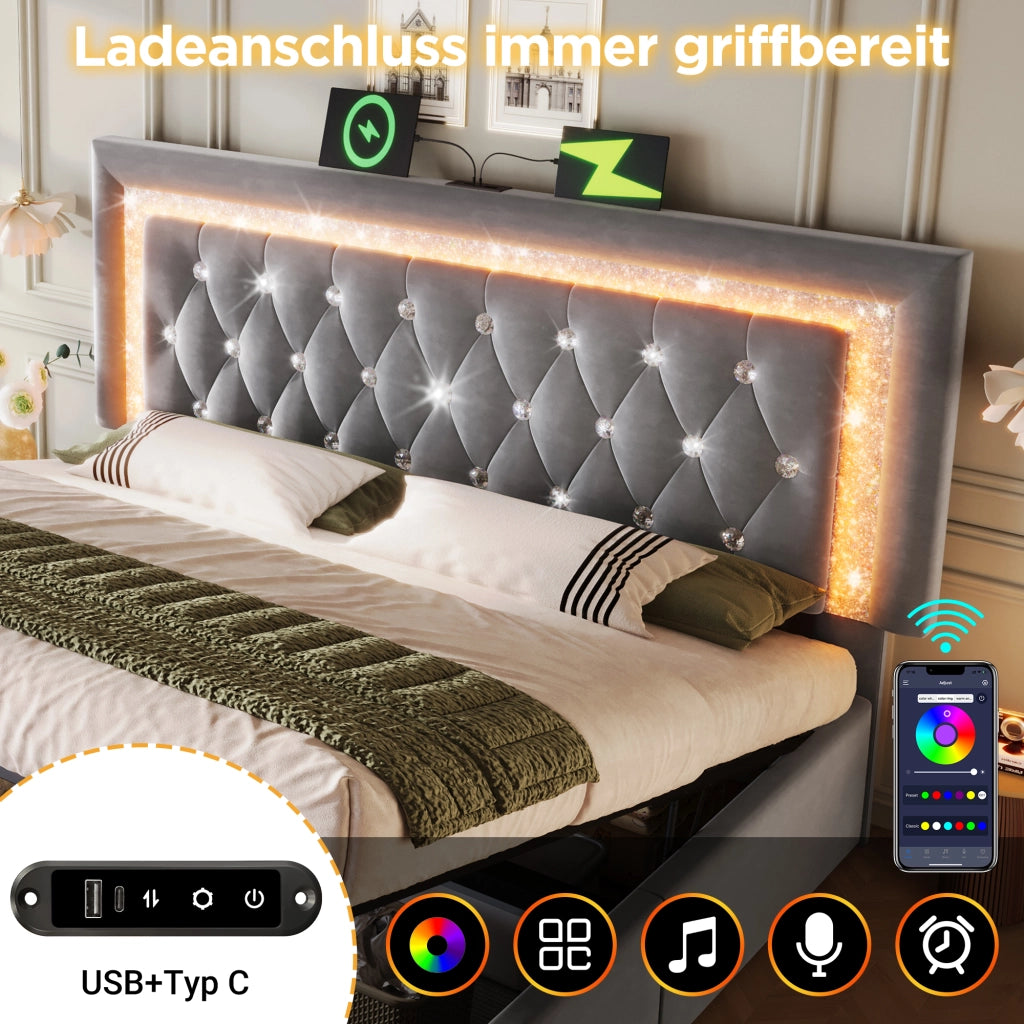 LETTO Contenitore 140x200 cm in Velluto Grigio con LED e USB Type-C