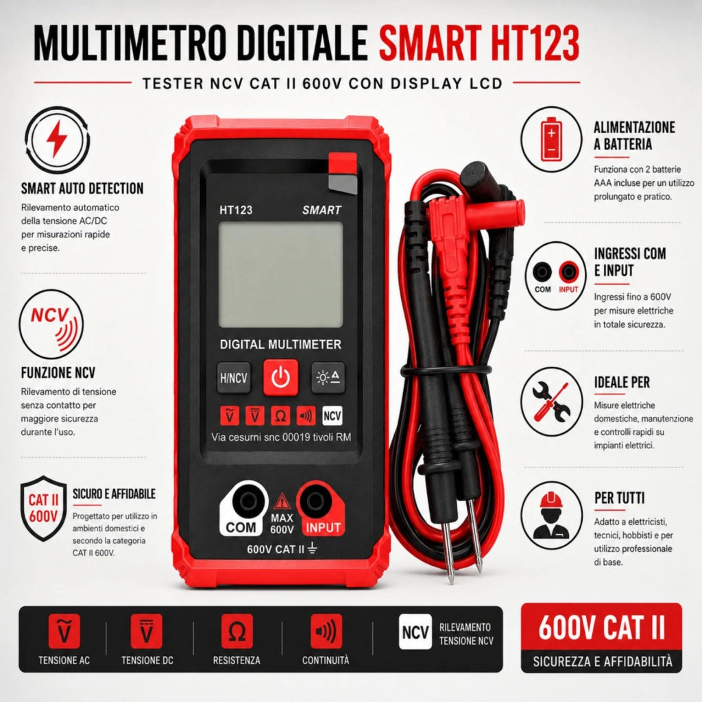 Multimetro Digitale Smart HT123, Tester NCV CAT II 600V con Display LCD