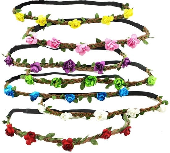 Benda per Capelli con Fiori - 7 Pezzi - Corona di Fiori - Benda per Capelli - Accessorio di Festa - Ragazza Sposa - Adattabile - Adatto per Bambini e Adulti