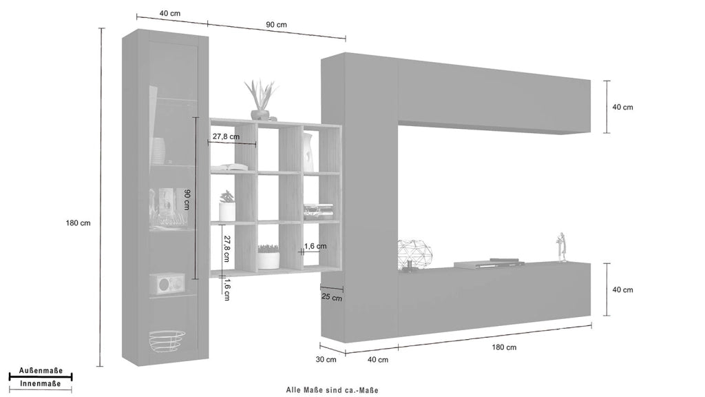 Parete Attrezzata Soggiorno 350x30x180 cm Maruska n°23 Grigio Antracite Opaco/Rovere Wotan