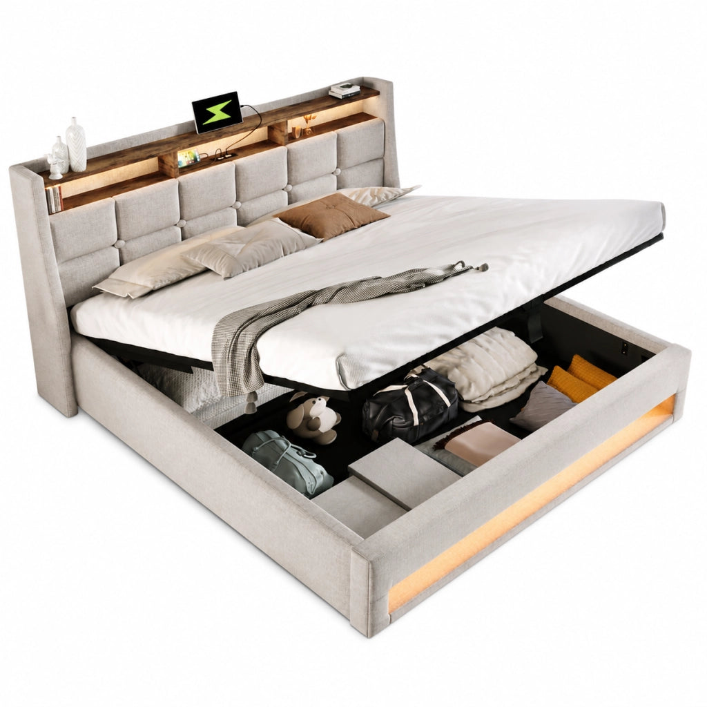 Letto imbottito 140x200 cm; LED e USB; lino beige (Senza materasso)