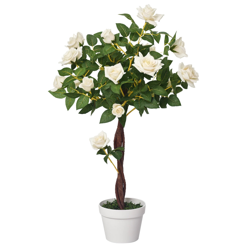 Pianta Finta di Rosa da 21 Fiori con Vaso Riempito in Cemento e Muschio, Pianta Artificiale Anti-UV in Plastica e Tessuto, ?18x90 cm, Bianco e Verde