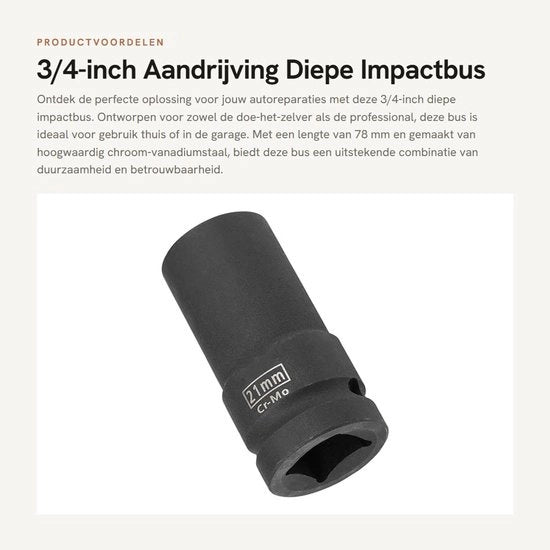 Impatto 21 mm 6-punti - Kit di chiavi a gomito - Resistente allo scorrimento - Acciaio Cr-Mo duraturo - Corrosione resistente - 3/4 pollici di trasmissione - Nera lucidata - Chiave a gomito