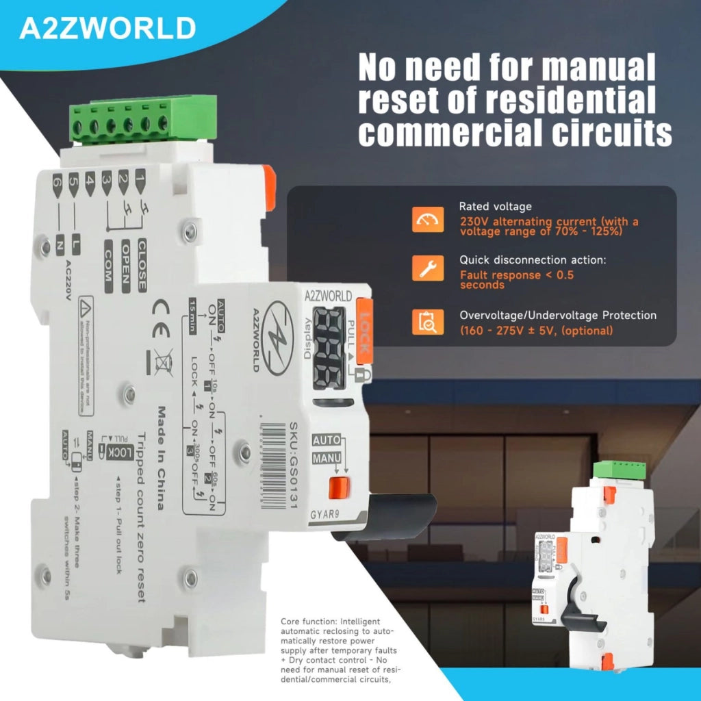 Modulo di Riarmo Automatico, 220V 1 Modulo DIN, 3 Tentativi (10s/60s/300s), Contatti Puliti NO per Comando Remoto GYAR9